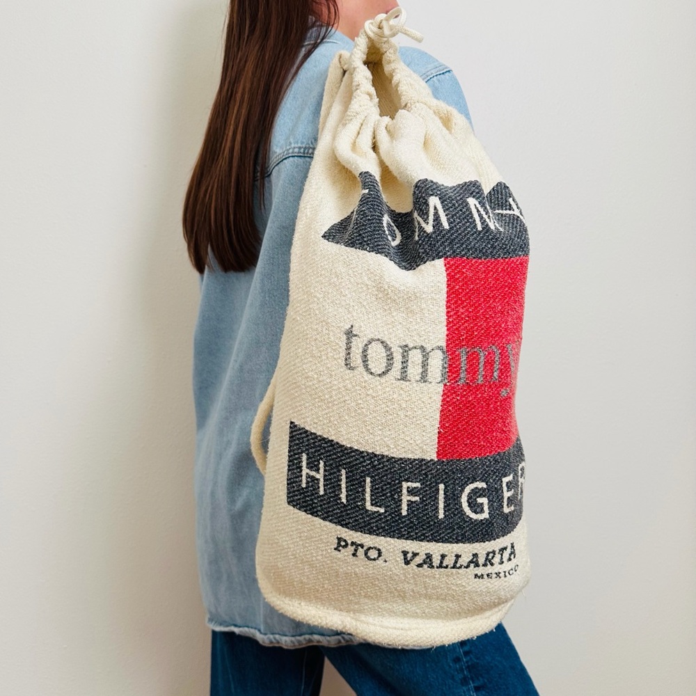 Vintage 90s Tommy Hilfiger Backpack Logo Pouch Beach Tote Bag Canvas